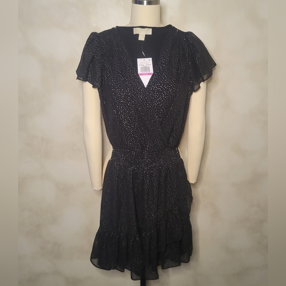Michael Kors Tiered Tuelle Glitter Mini Dress in Black/Silver